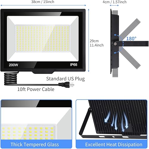 Miniatura 6 de Luz de inundación LED de 200 W para exteriores con enchufe+cable de 10 pies, luces de seguridad superbrillantes de 24000 lúmenes, luz de trabajo LED