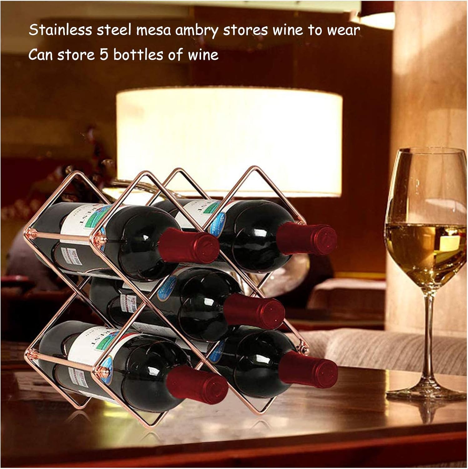 Tabletop Wine Racks, Metal Support Cup Holder, Holds 5 Bottles, Wine Bottle Holder Storage Shelves, Rose Gold Home Decoration