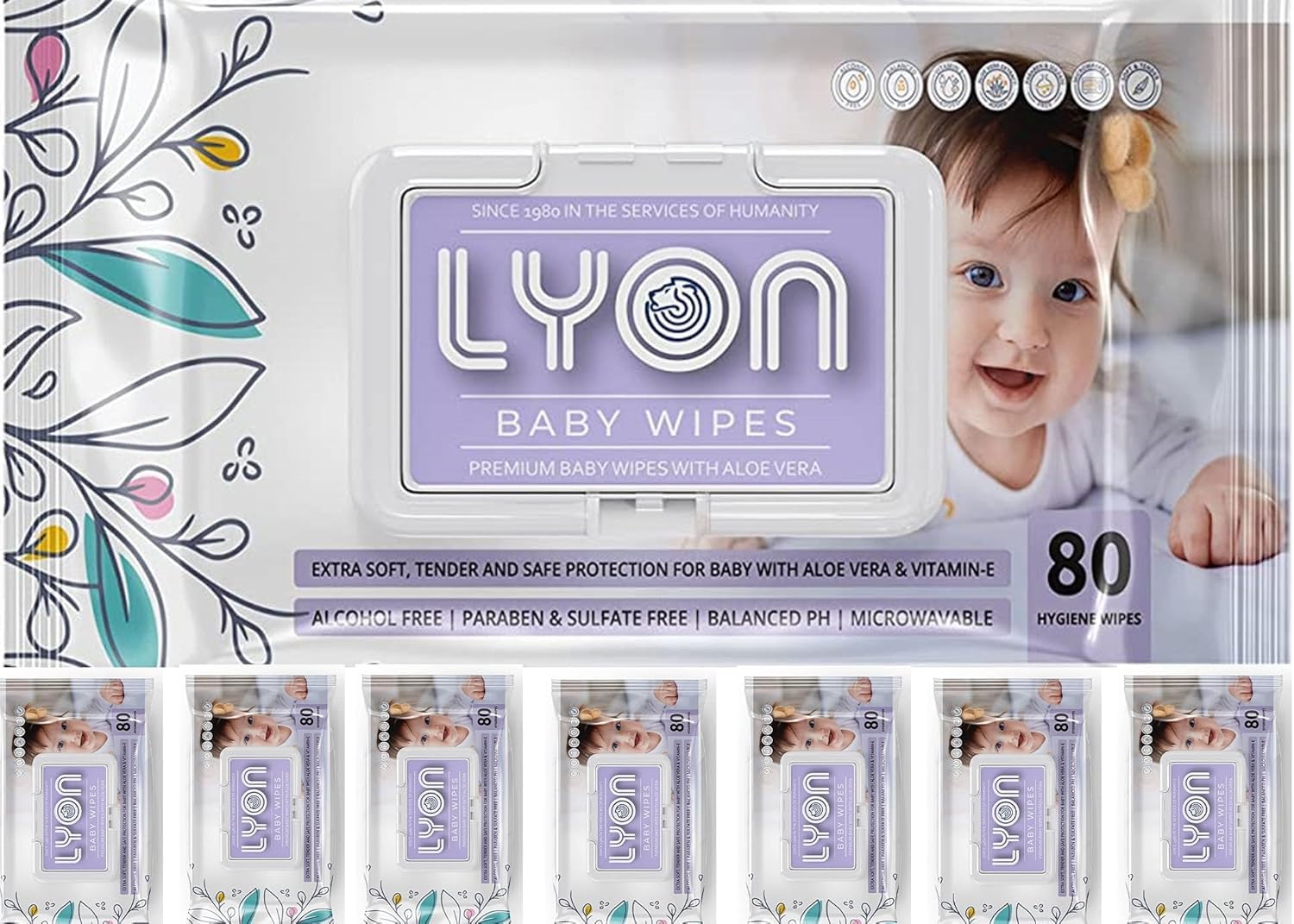 Lyon baby wet wipes with lid | 80 x 8-480 wipes | Enriched with aloe vera and vitamin E | Paraben - free and alcohol - free | Extra thick & moist wet wipes for baby's | 95% Pure Water (Pack of 8)-image-4