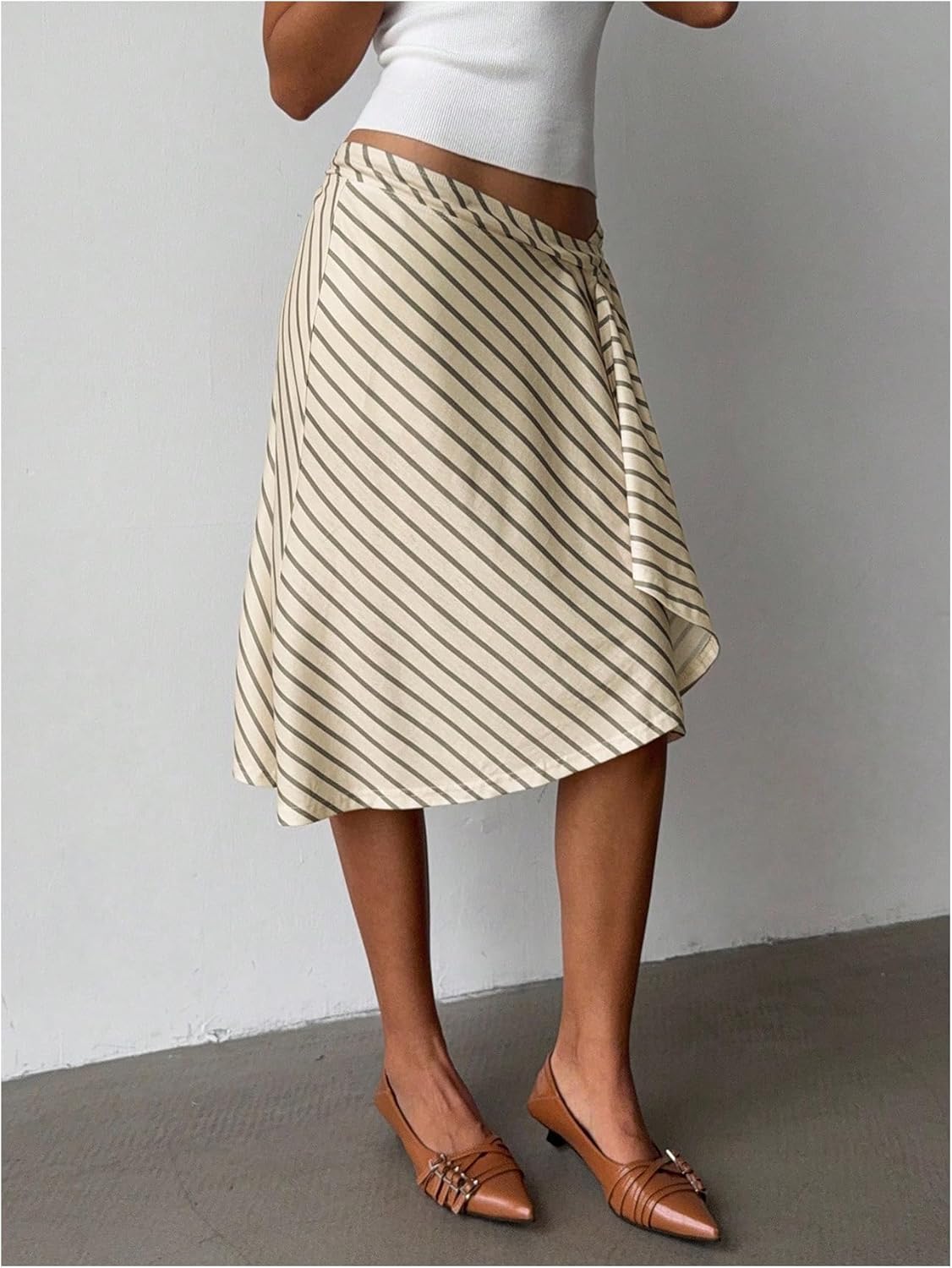 GORGLITTER Women's Striped Asymmetrical Draped Midi Skirts Low Waist Flowy Business Casual Work Ruffle Skirt - Image 4