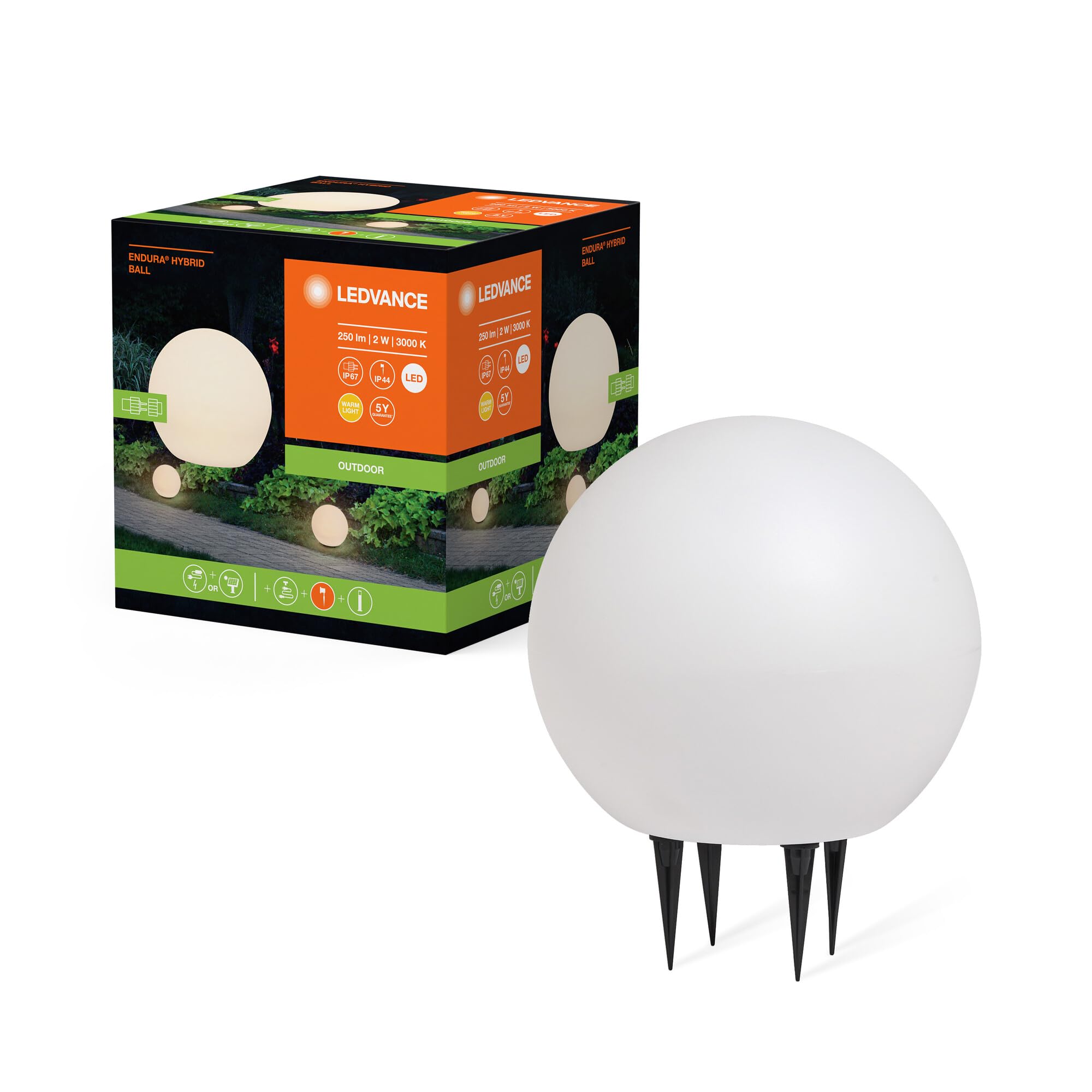 LEDVANCE Lampe d’extérieur ENDURA HYBRID BALL, lampe hybride, 2W, 180lm, ton blanc chaud, température de couleur 3000K, blanc, plastique, IP44 et IP67, fonctionnement solaire et réseau