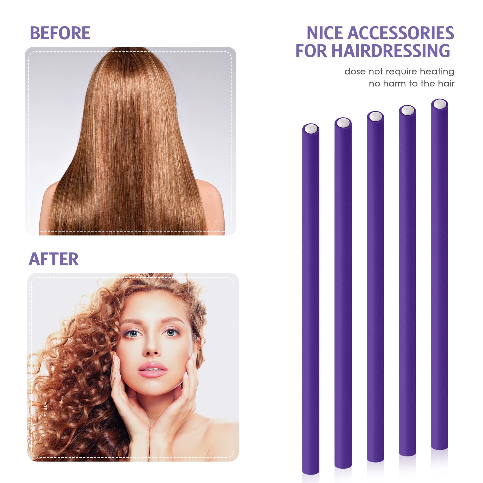 30 bigodini flessibili per capelli in schiuma, girevoli, morbidi, senza calore, e 1 pettine a coda di topo in acciaio, per donne e ragazze, per capelli lunghi e corti (viola, 24 x 1,2 cm)