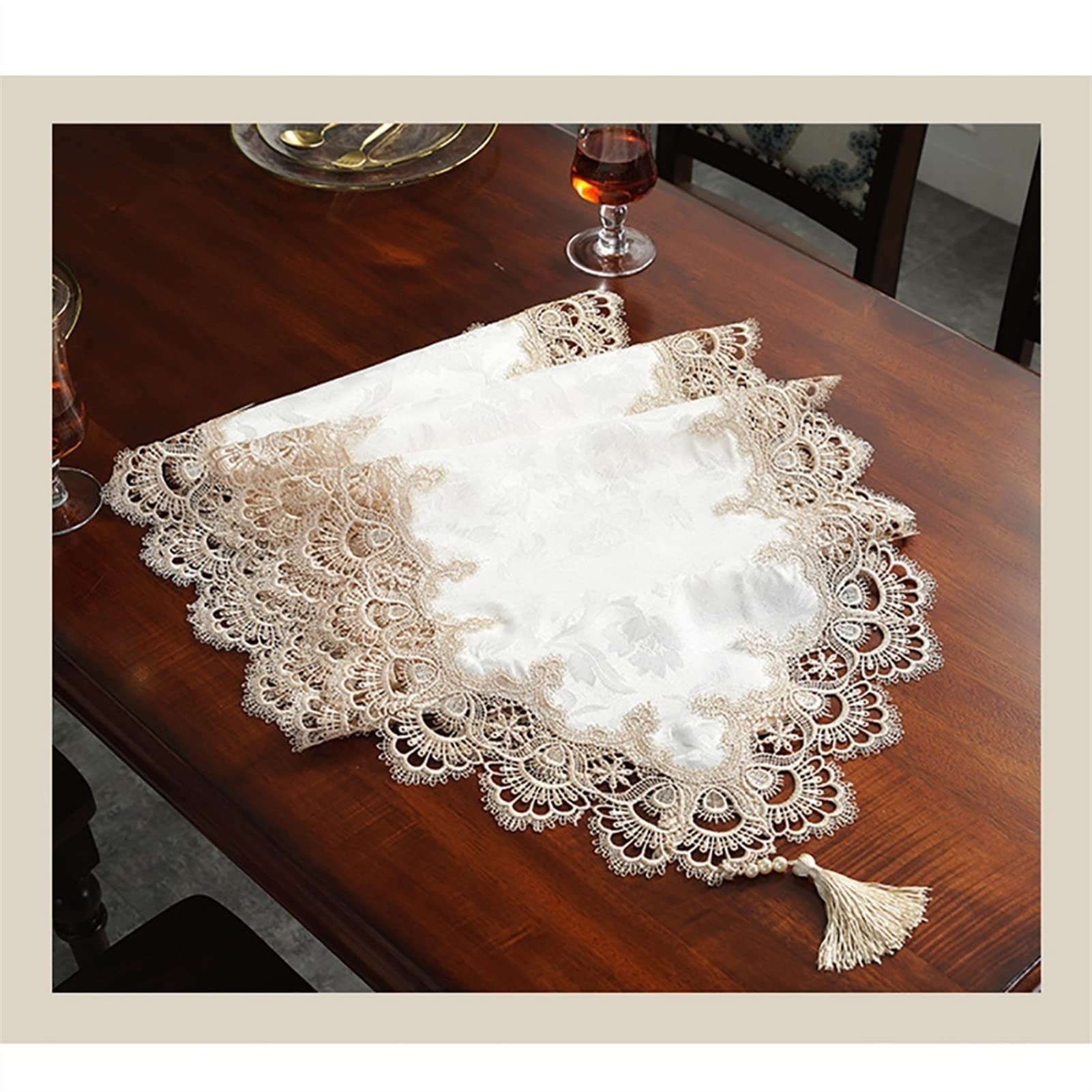 Chemins de Table, Fine Vintage Dentelle Blanc Simple rectangulaire avec Gland Table Basse Tissu Cuisine Maison hôtel Nappe Moderne Mode Coureurs(45 * 220cm)