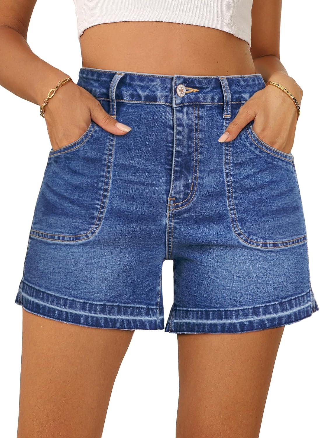 Dokotoo Womens Jean Shorts Stretchy High Waisted 2025 Straight Leg Frayed Raw Hem Casual Denim Shorts with Pockets