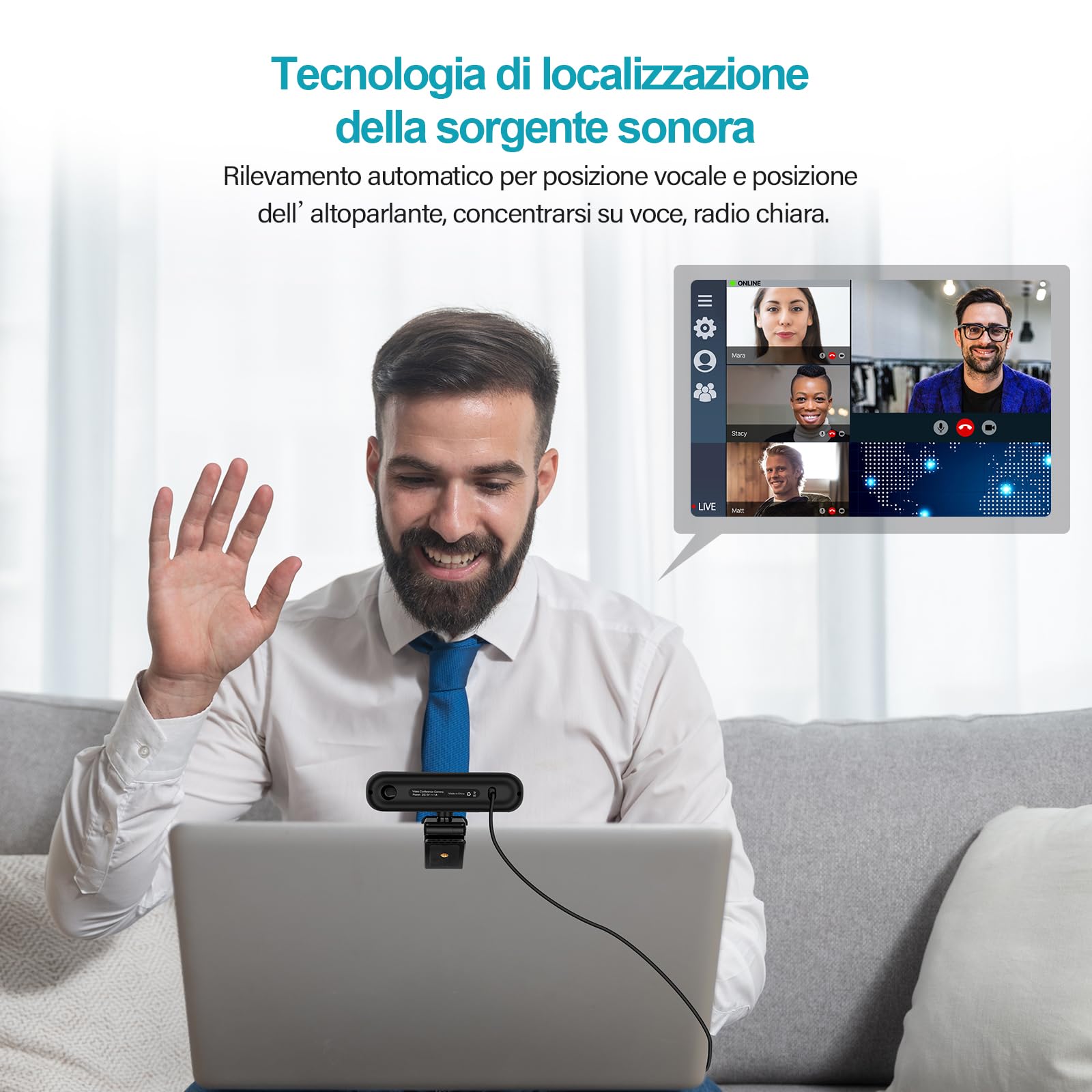 3 in 1 Webcam - 2K HD USB C Webcam con Microfono, Altoparlante e Copertura Privacy, Correzione di Luce, Autofocus Web Cam per PC/Laptop/Desktop/Zoom/Skype/Teams/Videochiamate Conferenze