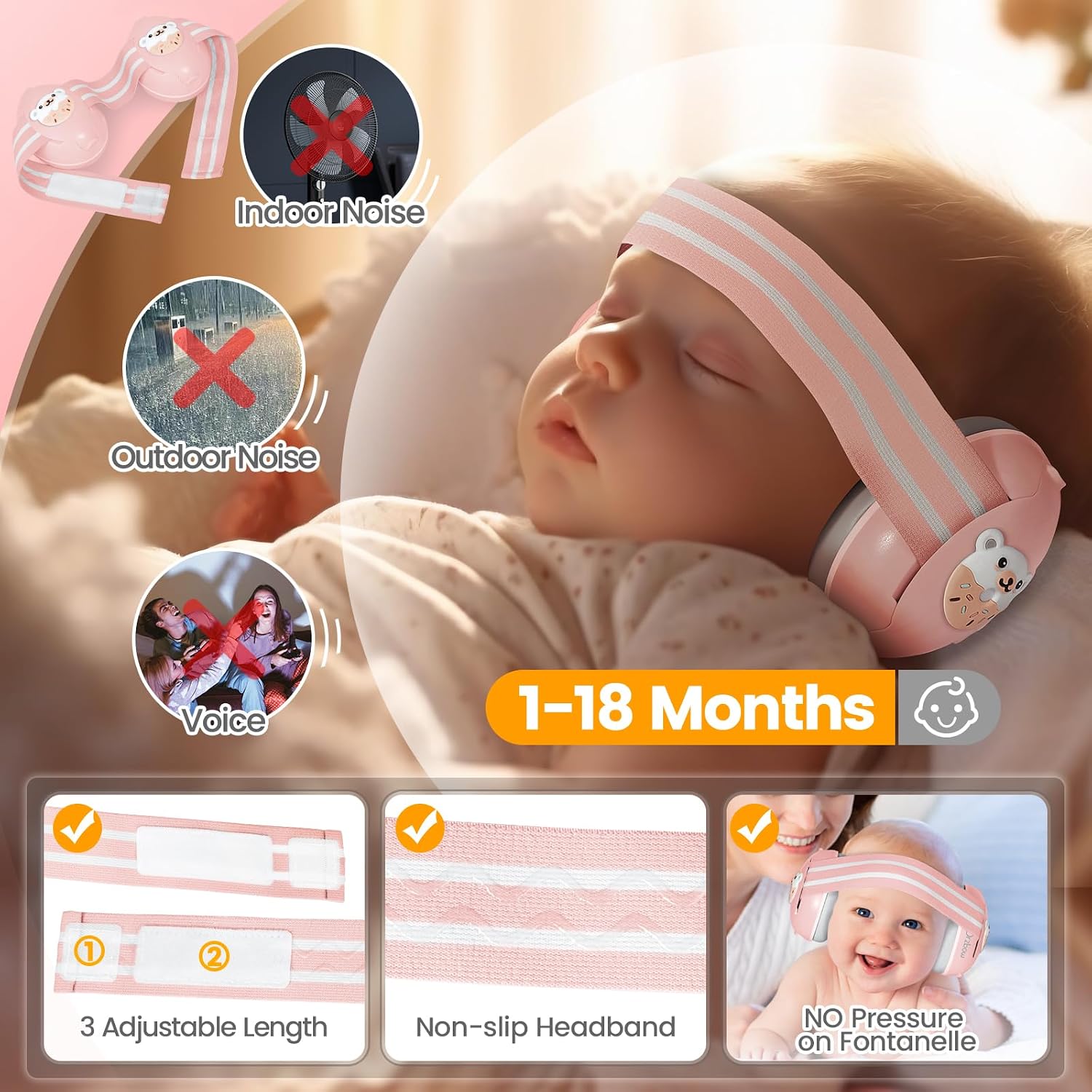 Orzbow 2-in-1 Baby Ear Protection for Babies Infant up to 48 Months, Pink