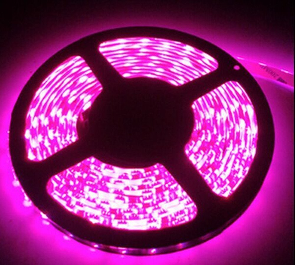 短色 LEDテープライト● 12Ｖ 高輝度 5M 300連 防水IP65 切断可能 白ベース/LED 強力粘着両面テープ 正面発光 SMD 5050 (ピンク)
