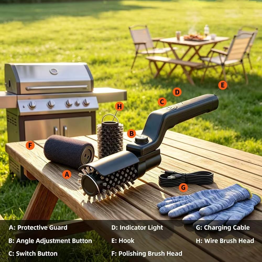Layver Electric Grill Brush, 20kg High Torque Grill Brush with 3-Speed Modes, Rechargeable BBQ Cleaner Safe for Porcelain Cast Iron Stainless Steel, Reinforced Steel Bristles