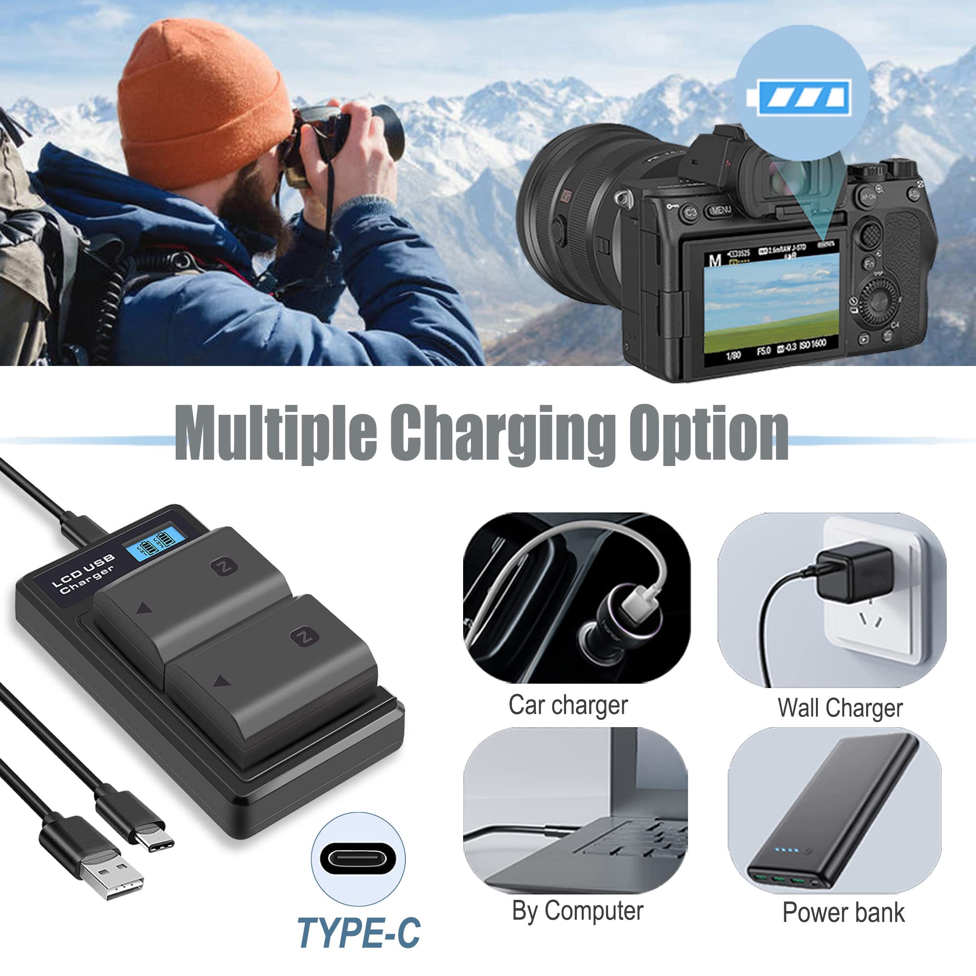 2 Batteries NP-FZ100,2280mAh Chargeur Batterie LED USB pour Sony Alpha A7III A7IV A7RIII A7R3 A7R IV A7C A7S,7III 7IV 7RIII 7R3 7R IV 7C 7S α7C,6700 6600 A6700 A6600 A9 A9R A9S 9 9S 9R