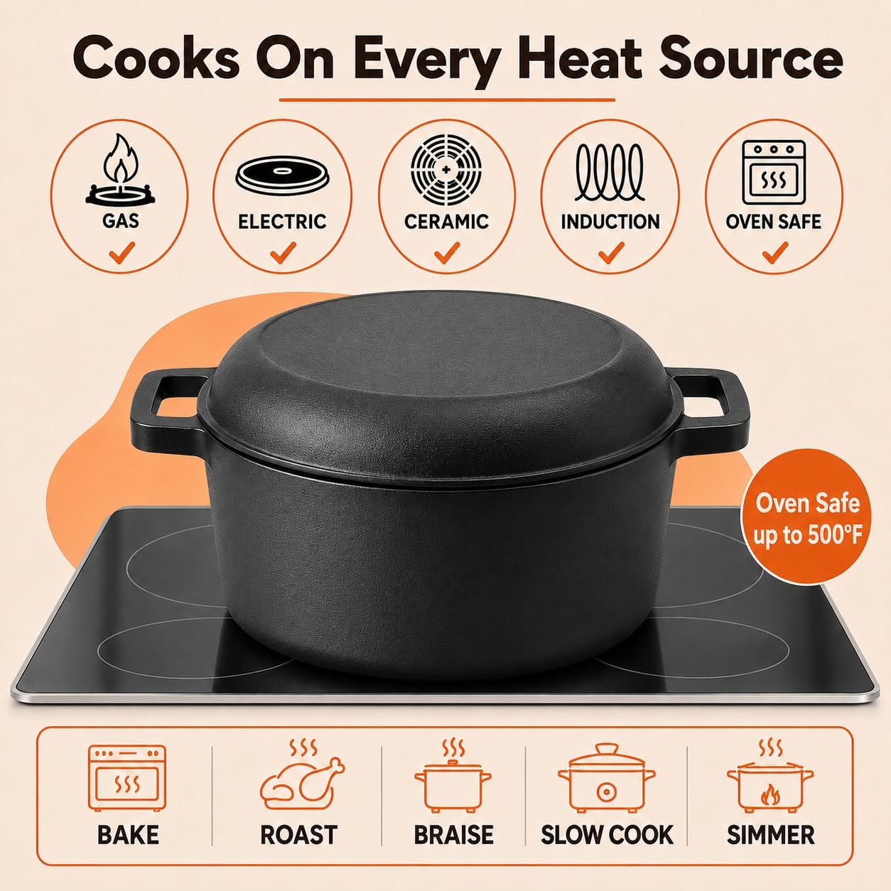 DUTCH OVEN CAST IRON POT (4.8L) with Lid (1.2L) & Cleaning Scrubber, Heavy-Duty Dish for Casserole and Sourdough Bread, Pre-Seasoned Cast Iron Pot with Skillet Lid for Roasting to Frying, Oven Safe ME JO