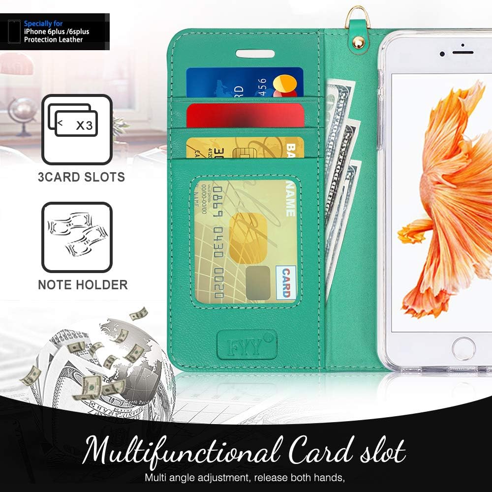 FYY Luxury Genuine Leather Wallet Case for iPhone 6 Plus/6s Plus, [Kickstand Feature] Flip Phone Case Protective Cover with [Card Holder] [Wrist Strap] for Apple iPhone 6 Plus/6s Plus 5.5" Mint Green