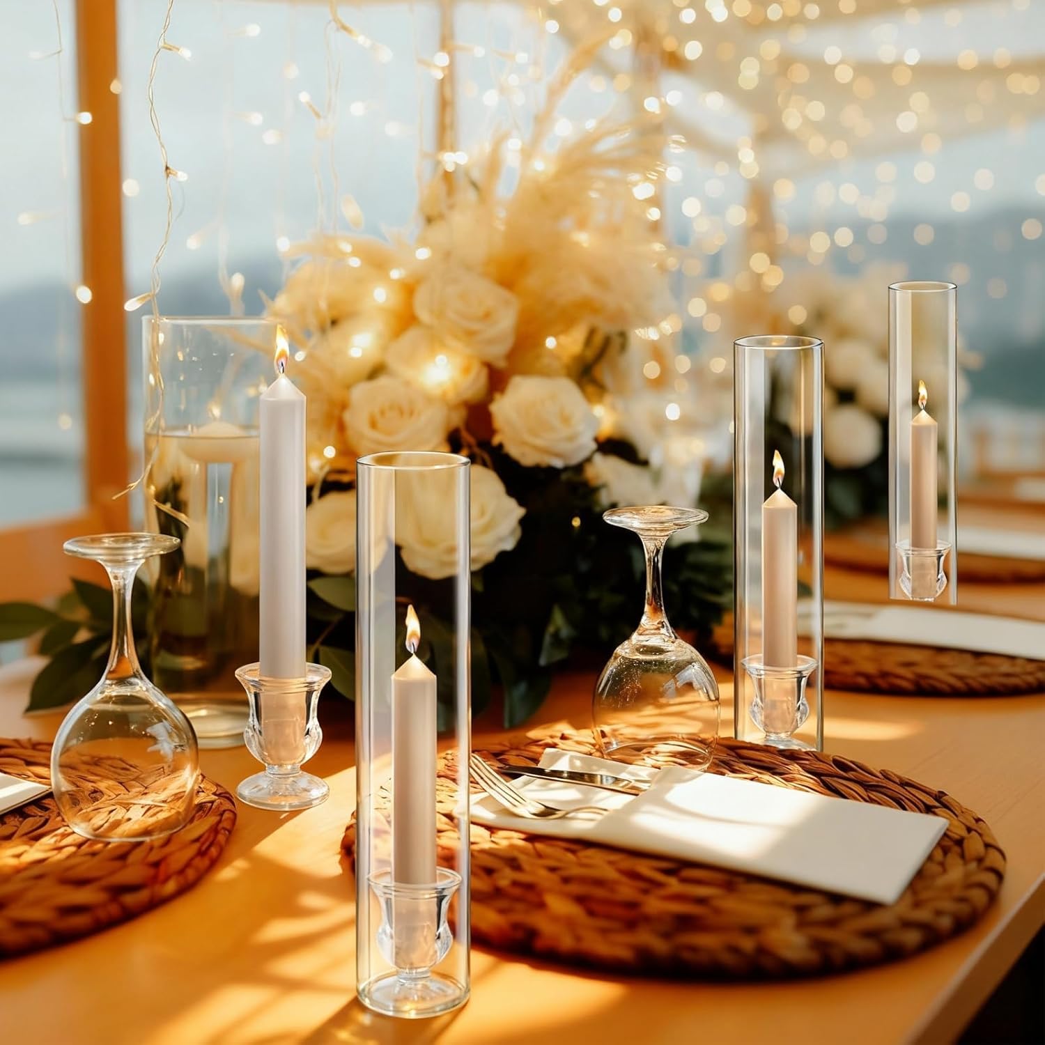 12 Sets Glass Hurricane Candle Holders - 12.6” Glass Candlestick Holders with Clear Tall Cylinder Candle Sleeves for Wedding, Christmas Table Decor (12)