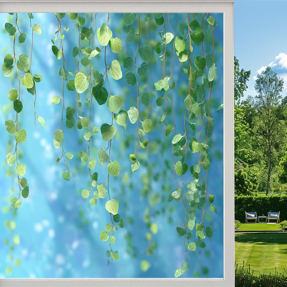 Hanging Leaves Stained Glass Window Film, Modern Green Ivy Leaf Nature Peel and Stick Privacy Film, Frosted Adhesive Vinyl Decorative for Bathroom Windows Glass Doors, （80x120cm）