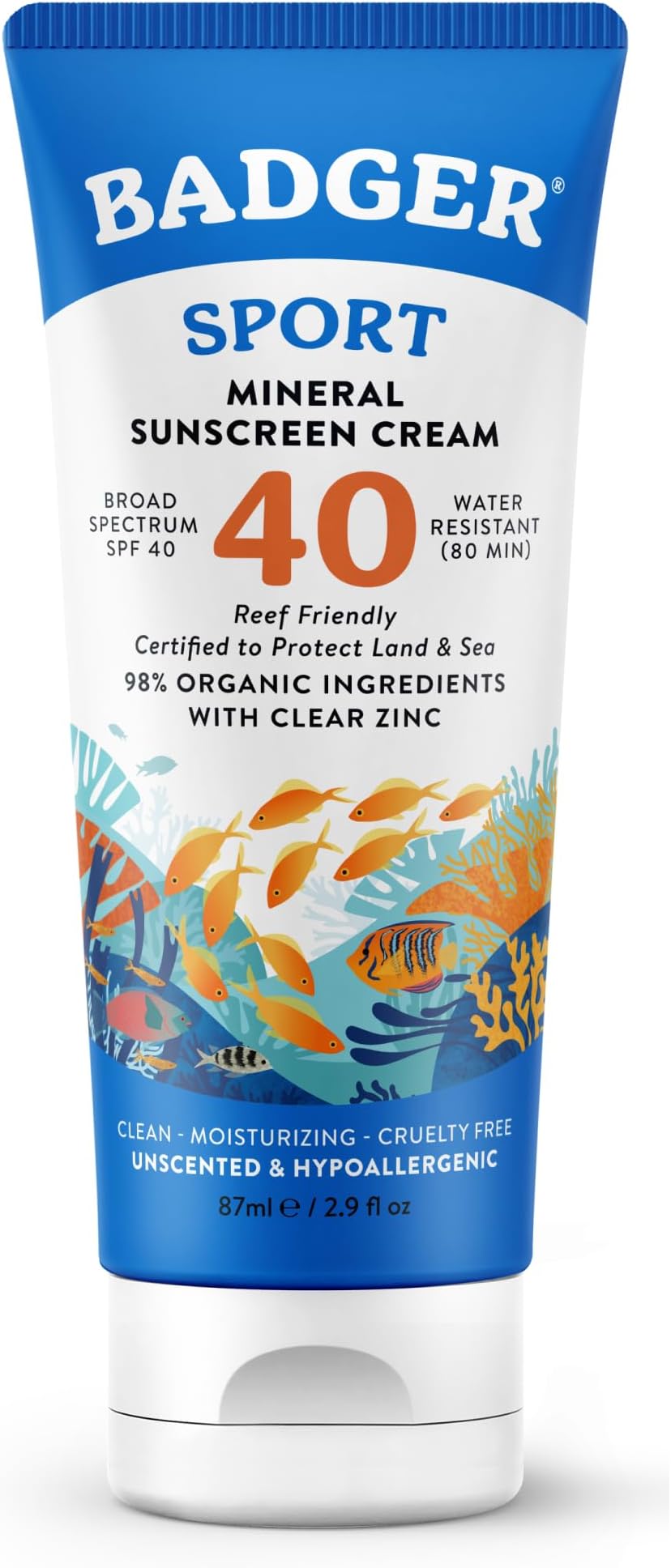 Badger Company, Clear Zinc Sunscreen Cream, SPF40, Unscented, 2.9 fl oz (87 ml)