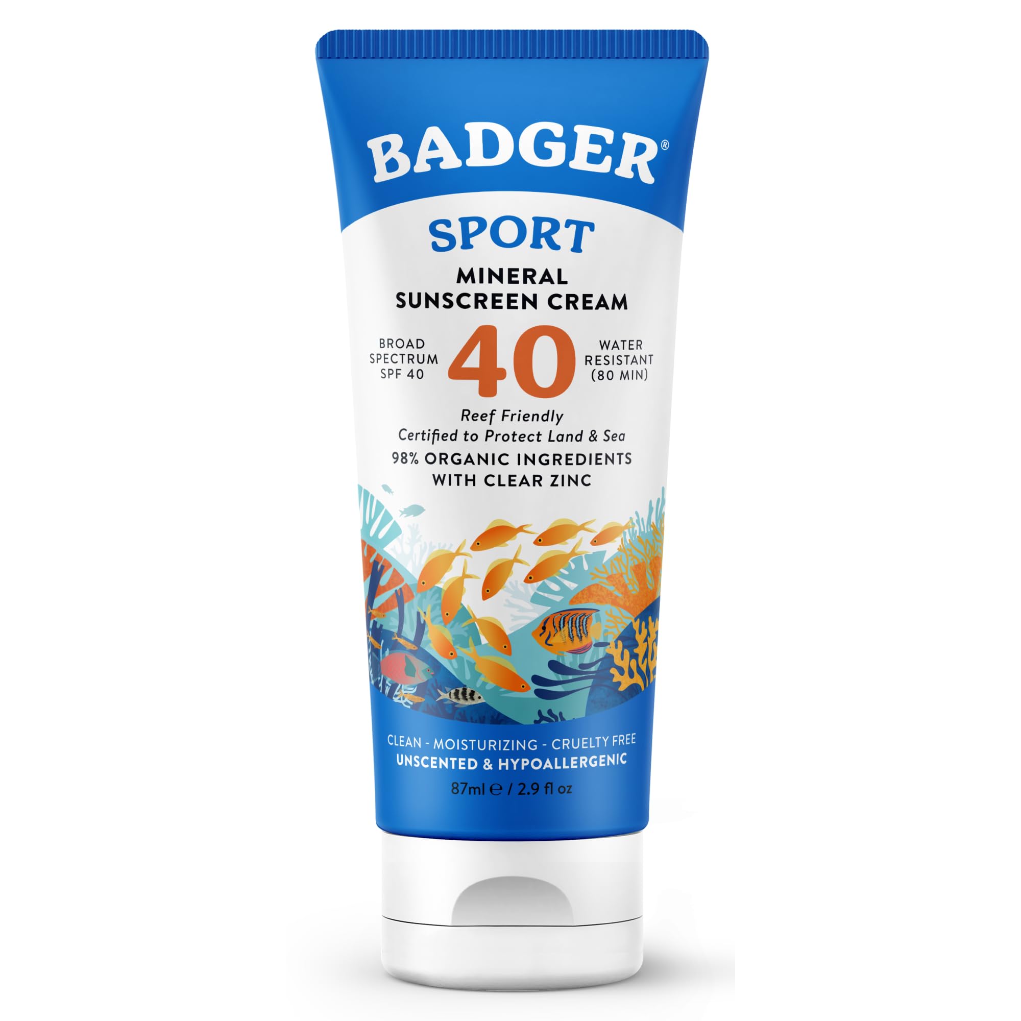 Badger Sport Mineral Sunscreen, Reef Safe, SPF 40, 98% Organic with Zinc Oxide, Water Resistant, Hawaii Reef Act 104 Compliant, Unscented & Hypoallergenic, For Sports & Adventures, 2.9 fl oz 2.9 Fl Oz (Pack of 1) Tube
