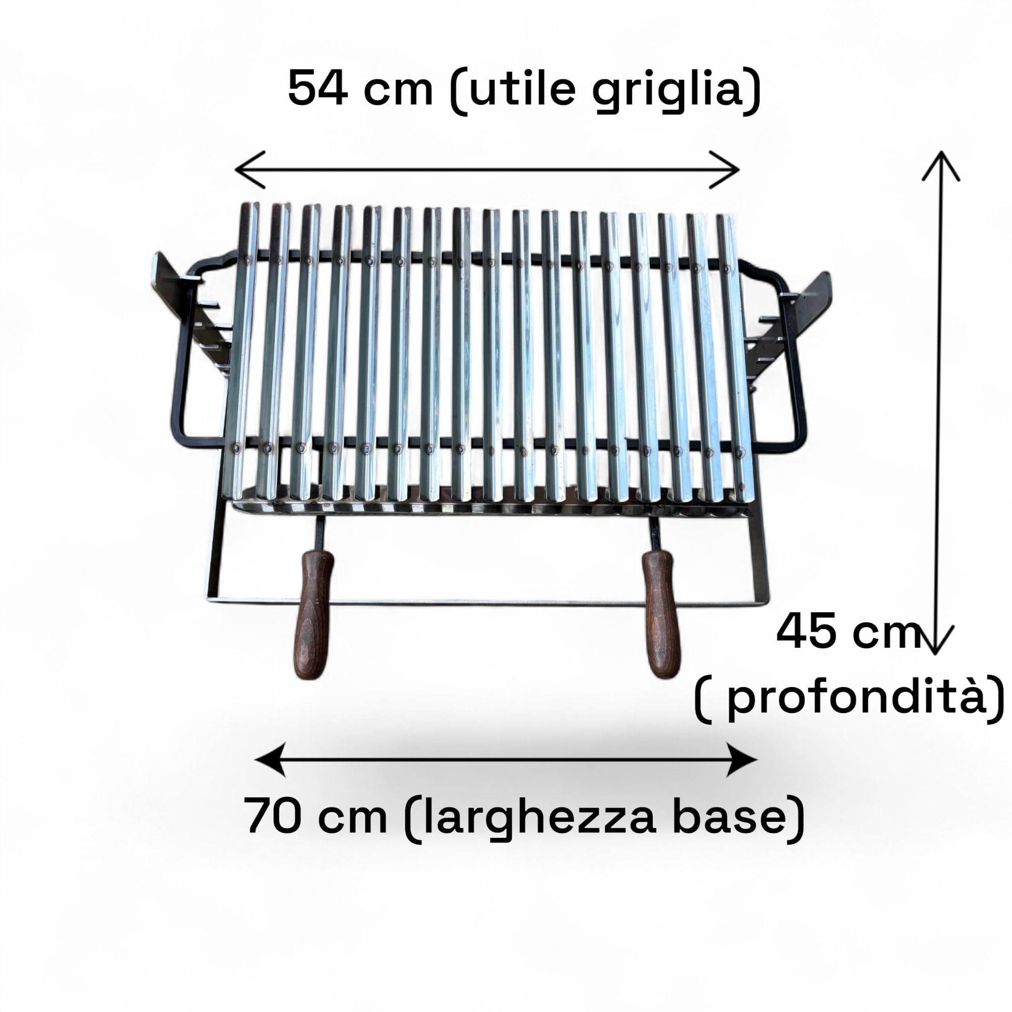 Griglia per Barbecue in Acciaio Inox, Sistema Scolagrassi, Manici in Legno, Base in Ferro Regolabile su 3 Altezze 70x45cm, Superficie di Cottura 54cm