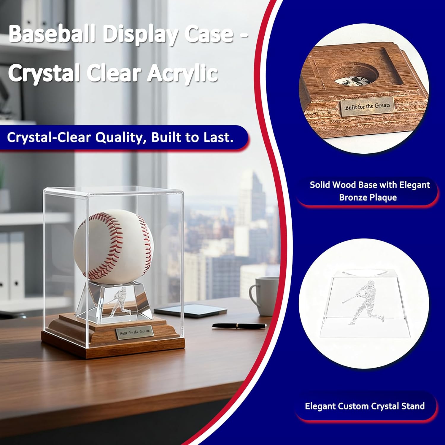 Baseball Display Case, Baseball Display Stand with LED Lights , Wooden Stand and a Bronze Medal,Cube Baseball Holder Display case, Acrylic Clear Ball Protector for Memorabilia Baseball Gifts