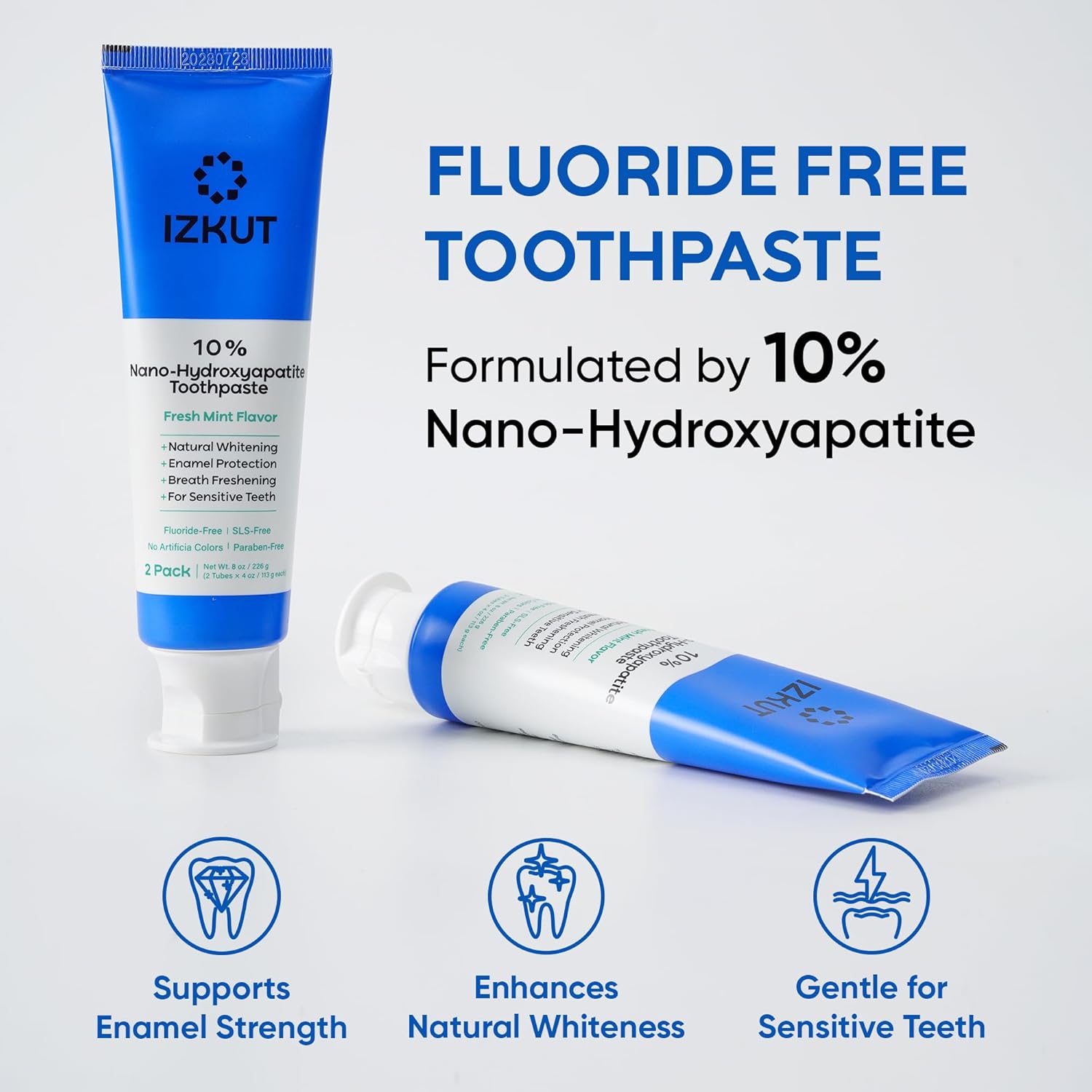IZKUT 10% Nano Hydroxyapatite Toothpaste: Fluoride Free Natural Whitening Toothpaste for Sensitive Teeth, Enamel Support, Plaque Remover, SLS Free, Fresh Mint Flavor, Adults & Kids, 4 oz (Pack of 2) - Image 2