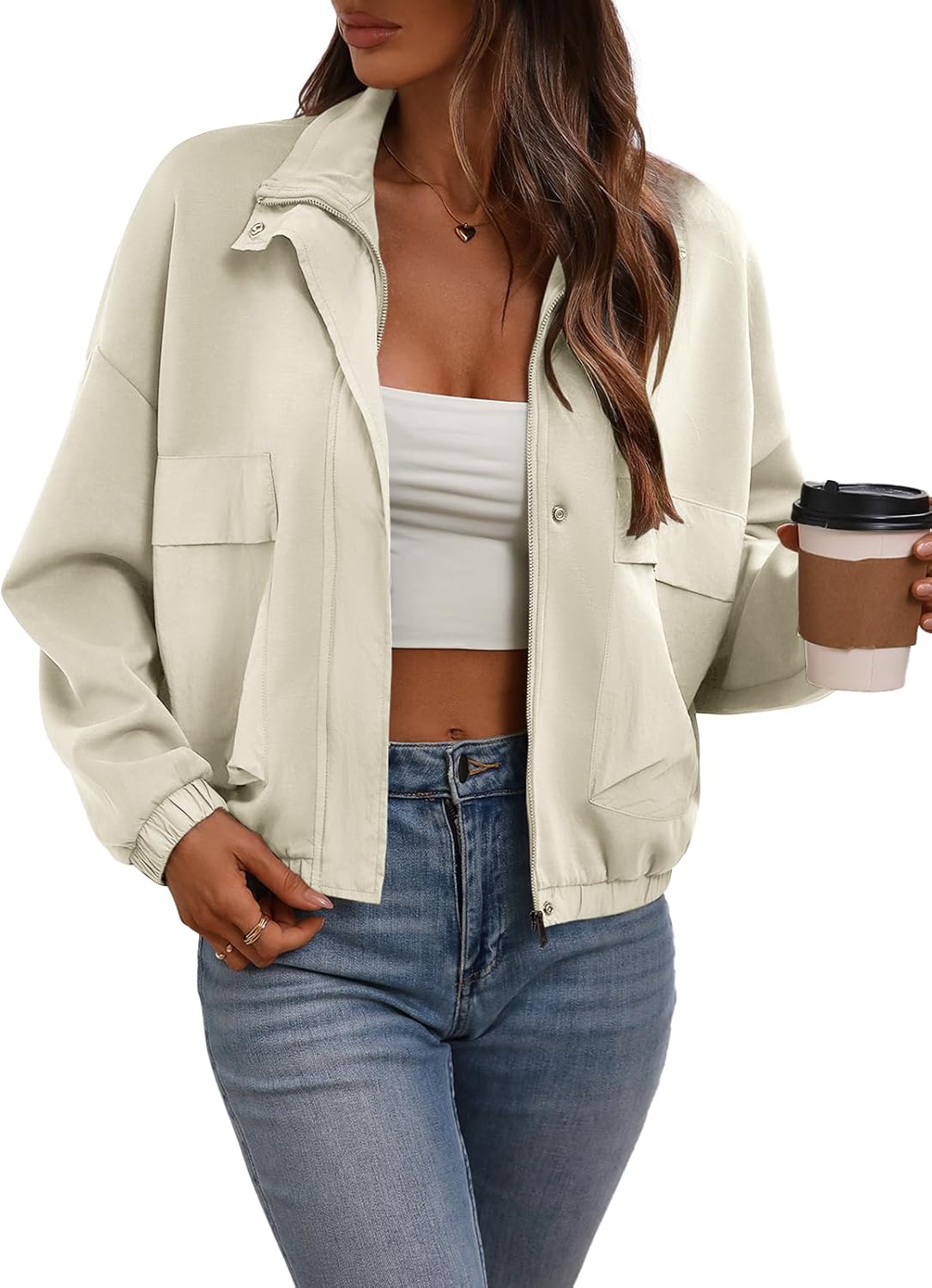 FLYCURVY Women's Cropped Oversized Safari Jackets Zip Up Stand Collar Neck Long Sleeve Utility Anorak jacket with Pocket