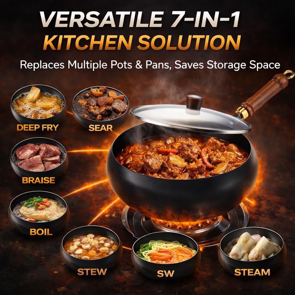 2026 Upgraded Uncoated Thick Iron Pot, Japanese Hand-Forged Non-Stick Iron Pan Without Coating, Durable and Rust-Free for Cooker Gas Stir Fry Pans Round Bottom with Lid (Glass lid,12IN)