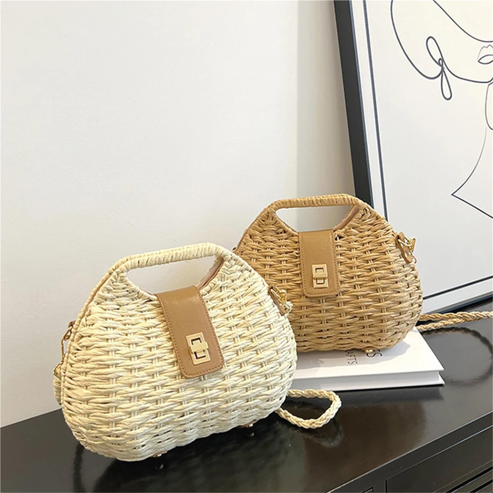 bolso paja Bolso de paja mimbre tejido a la moda for mujer, bolsos viaje verano, playa, Bali, hombro tipo bandolera