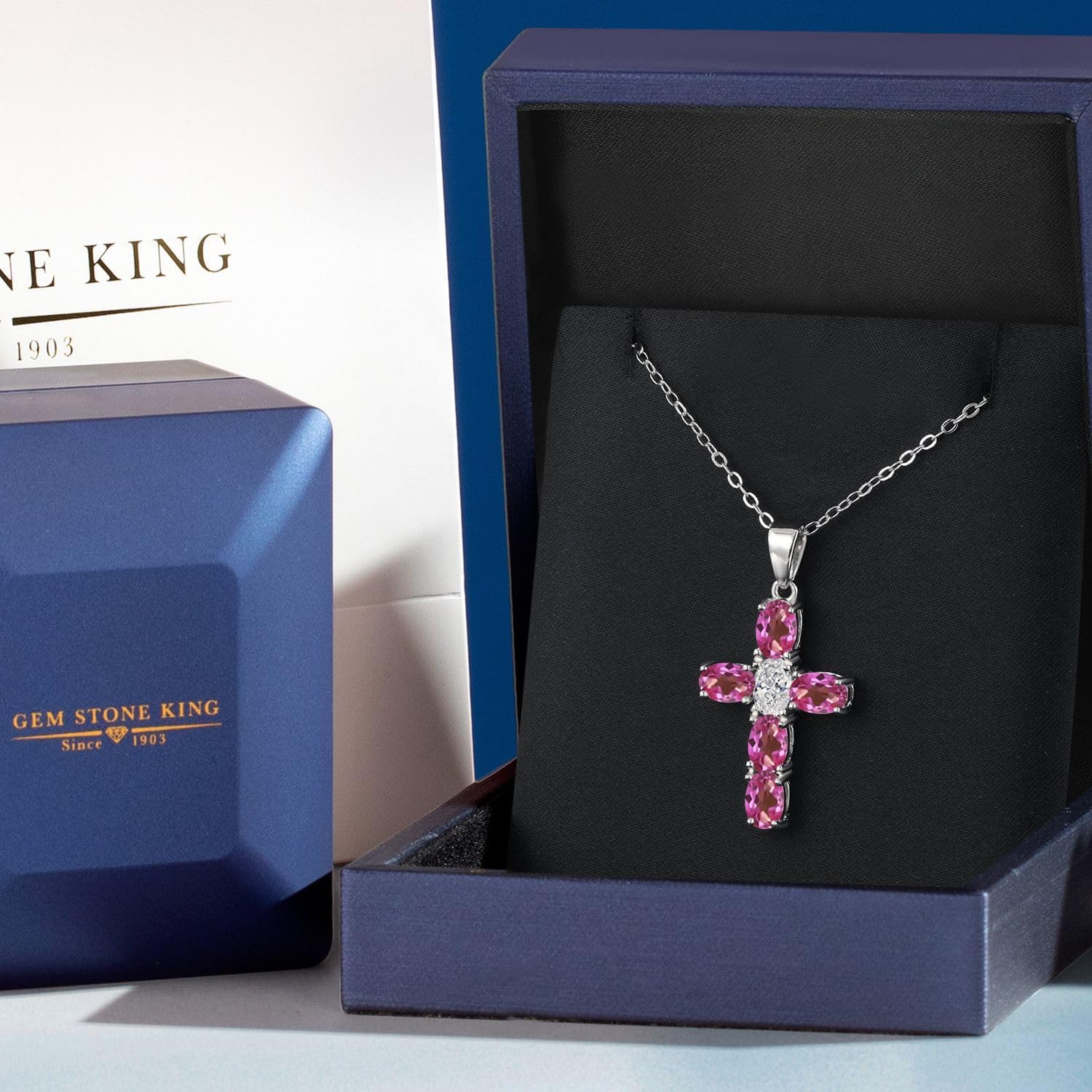 Gem Stone King 925 Sterling Silver Pink Mystic Topaz and Lab Grown Diamond Cross Pendant Necklace for Women | 2.90 Cttw | Gemstone November Birthstone | Oval 6X4MM | With 18 Inch Chain - Image 5