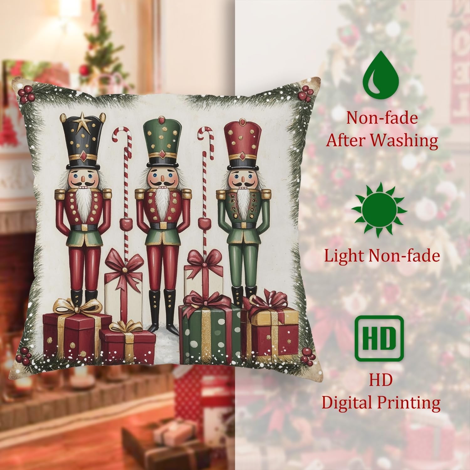 Christmas Nutcracker Pillow Covers Set of 2, Red and Green Decorative Throw Pillows for Holiday Home Sofa Bed Couch 28x28 Inch