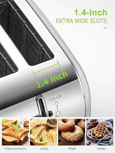 Miniatura 4 de Tostadora de 4 rebanadas, ranuras extra anchas, acero inoxidable con palanca de elevación alta, función de bagel y muffin, bandeja de migas