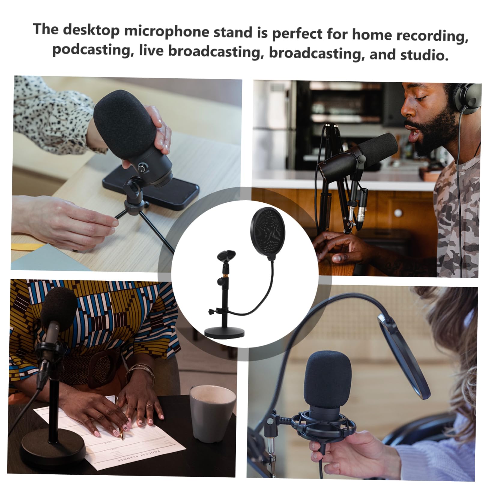UPKOCH Soporte de Micrófono Ajustable para Escritorio Negro (290-395 Mm) con Clip y Filtro Antipop, Base Metálica Estable para Podcast, Grabación y Streaming