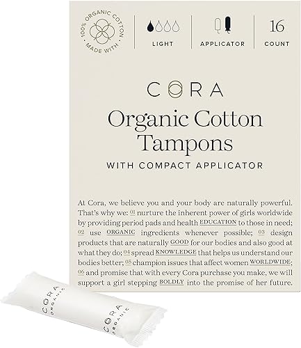 Cora Tampones aplicadores orgánicos | Absorción ligera | 100% núcleo de algodón, sin perfume, aplicador compacto sin BPA | Protección contra fugas,