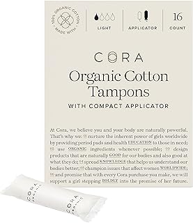 Cora Organic Applicator Tampons | Light Absorbency | 100% Cotton Core, Unscented, BPA-Free Compact Applicator | Leak Protection, Easy Insertion, Non-Toxic | Packaging May Vary (16 Count)