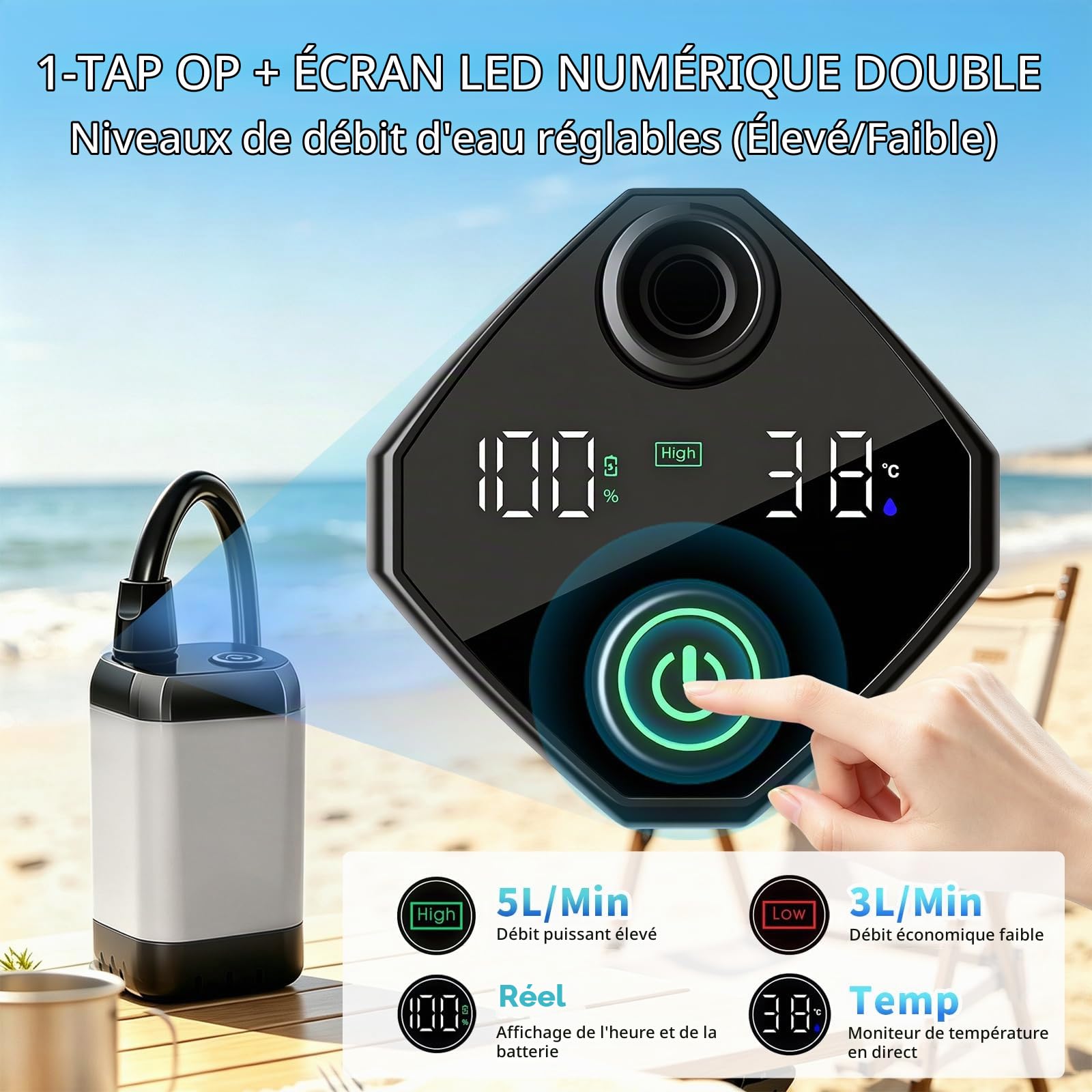 Douche de camping portable avec chauffage – Chauffage rapide 2000 W et batterie 6000 mAh