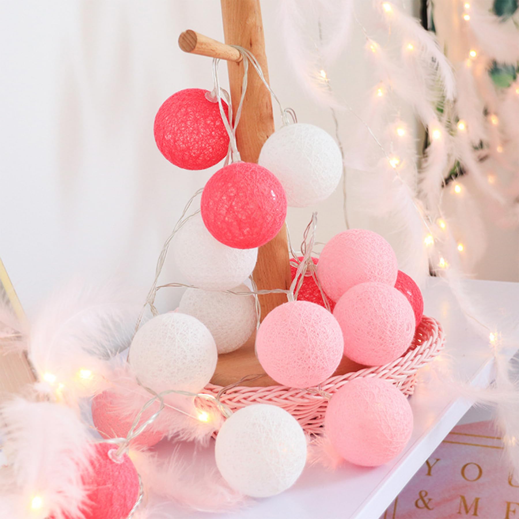 YeahBoom Guirlande Lumineuse Coton Boules Alimenté par Pile,300CM 20LED Guirlande Lumineuse Boule,pour Noël Halloween Anniversaire Mariage Chambre Enfant Fête