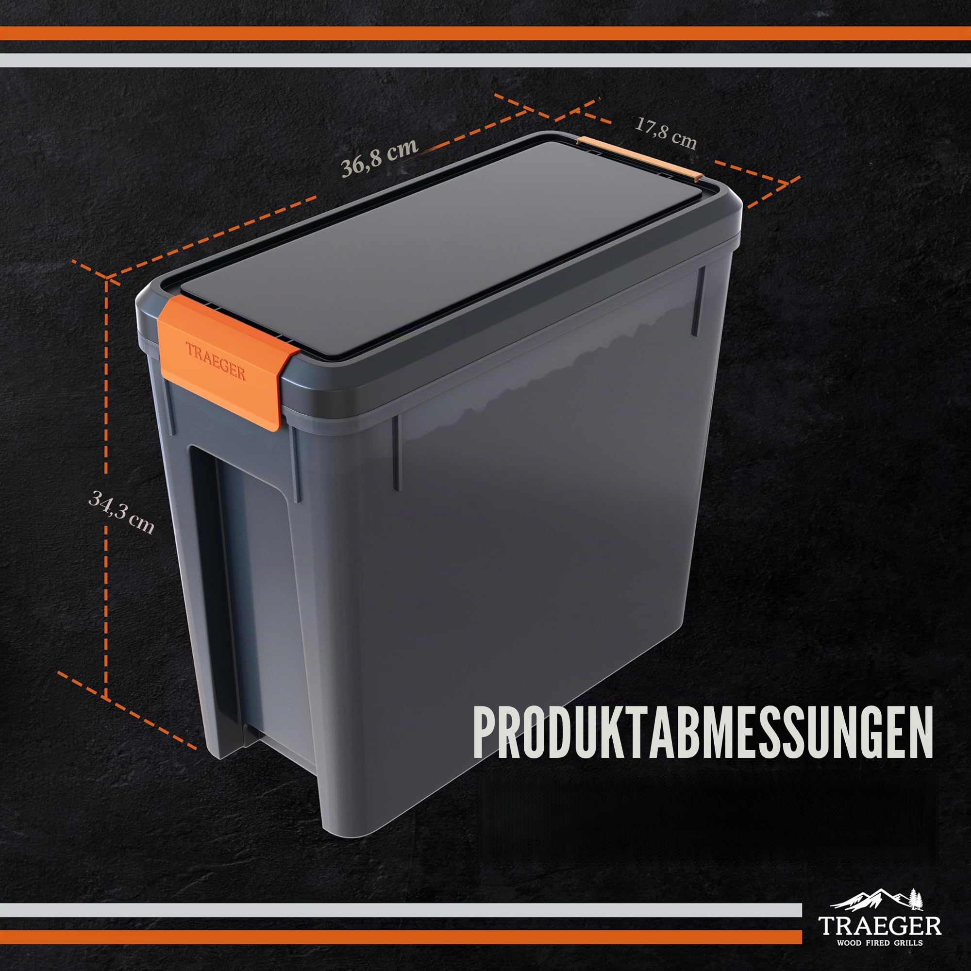 Traeger Grills BAC637 Stay Dry Pellet-Aufbewahrungsbehälter mit verschließbarem Deckel, 10 kg Kapazität, Holzpelletbehälter mit Geschmacksaufklebern, stapelbares Design, luftdichte Aufbewahrung für