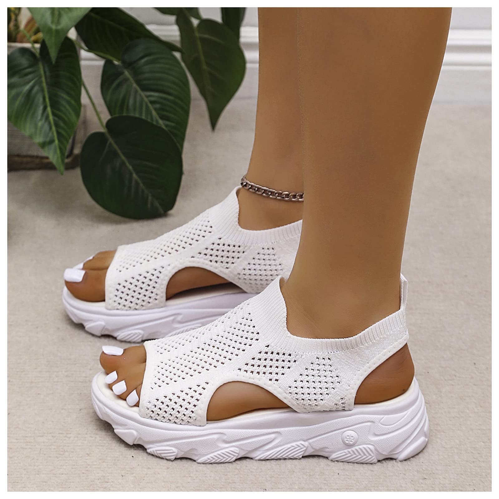 DRIMEE Summer Washable Slingback Orthopedic Slide Sport Sandals,comfy sports knit sandals,Fish Mouth Sandals,White,US9/EU41