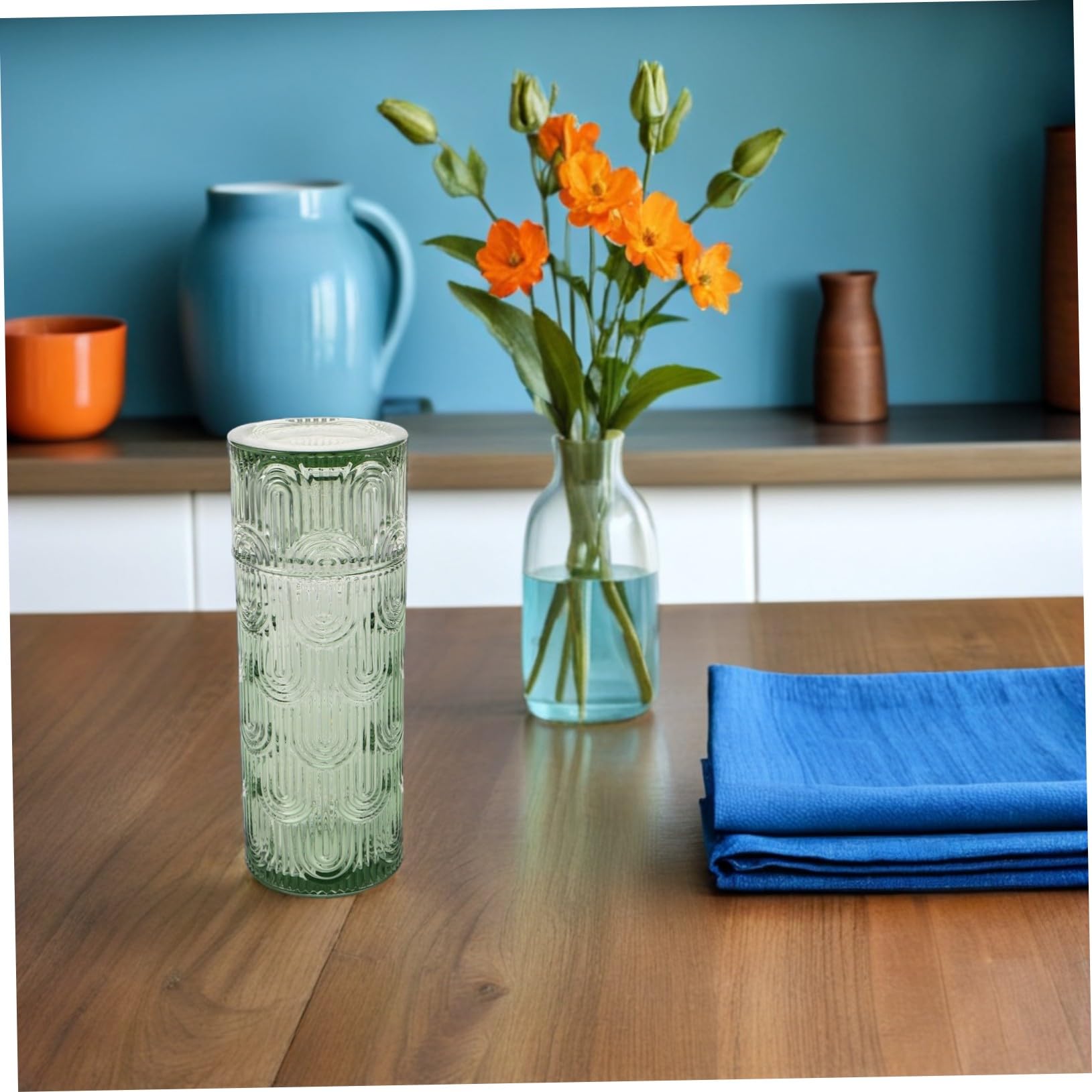 COLLBATH Embossed Glas Wasserbehälter Set mit Trinkbecher Klarer Kaltwasserbehälter und Becher Vielseitig für Saft Milch Mundspülung Kompakt für Nachttisch und Kleine Haushalte