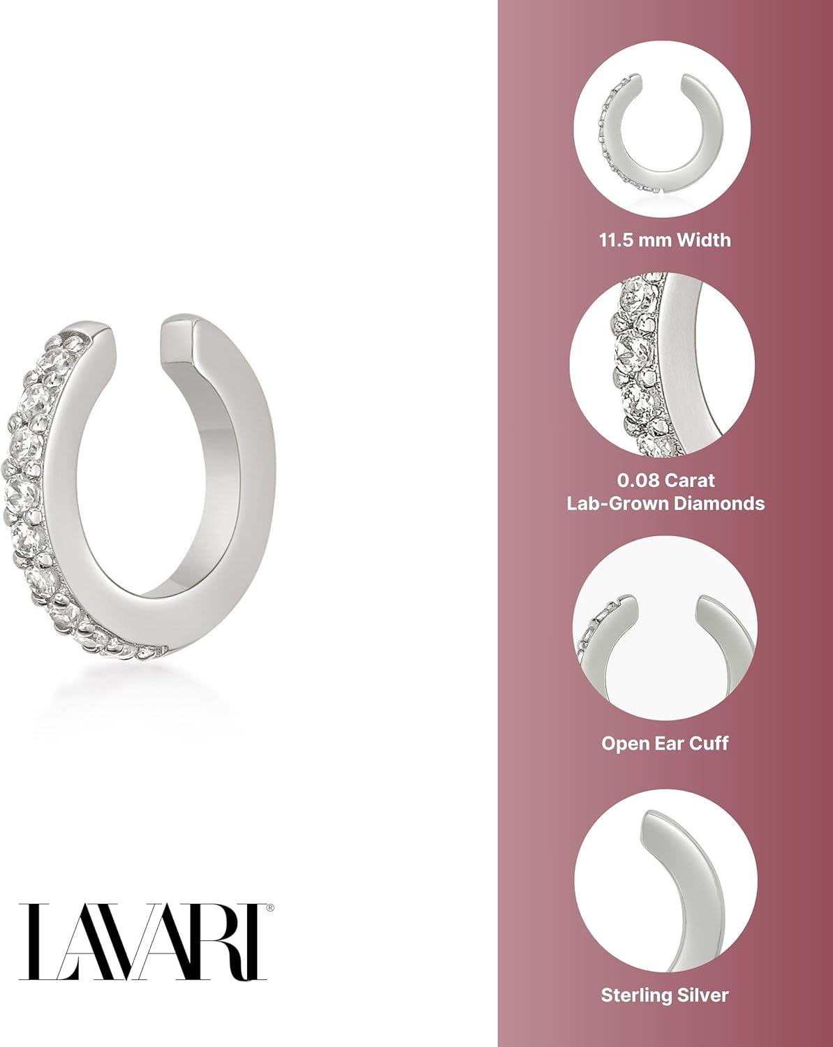 Lavari Jewelers Lab Grown Diamond Huggie Ear Cuff Earring for Women - Rhodium Plated 925 Sterling Silver Earrings for Her (F-G, VS1-VS2, 0.08 cttw) Open Non Piercing Hypoallergenic