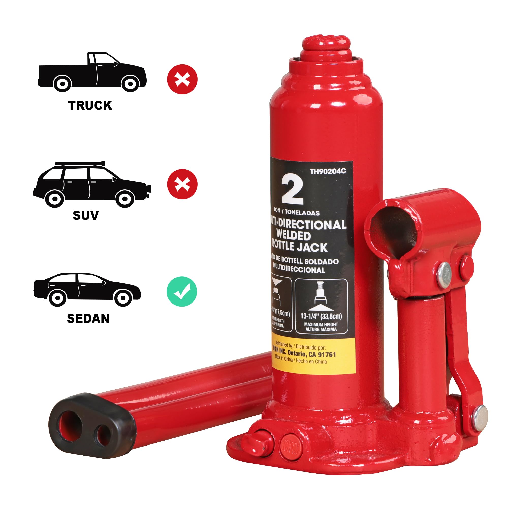 BIG RED Cric Bouteille soudé Torin T90203C - Usage Vertical et Horizontal - Capacité 2 tonnes (1,8 kg) - Rouge