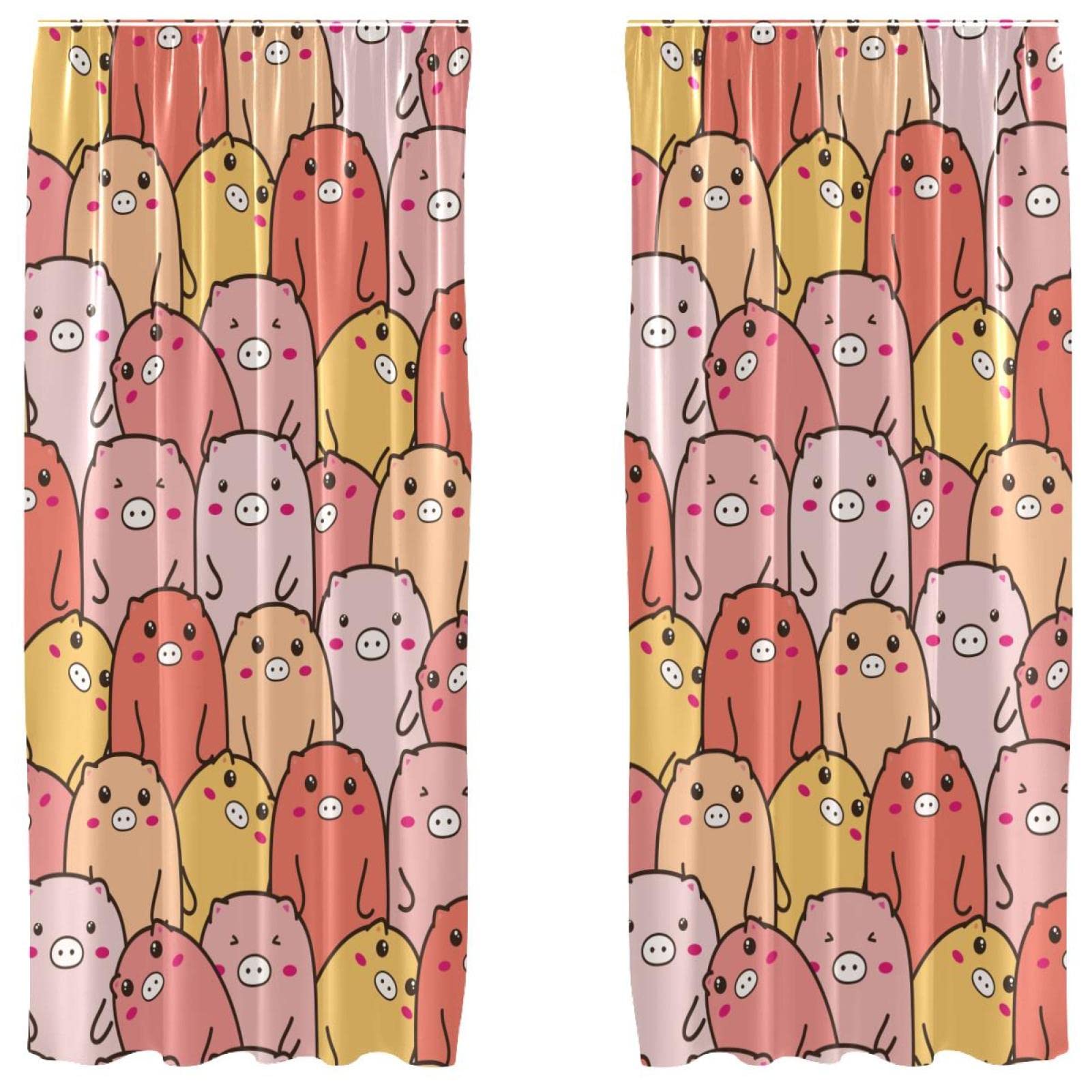 Rideaux rose corail jaunes avec motif cochon mignon 139.7x213.4 cm voilage