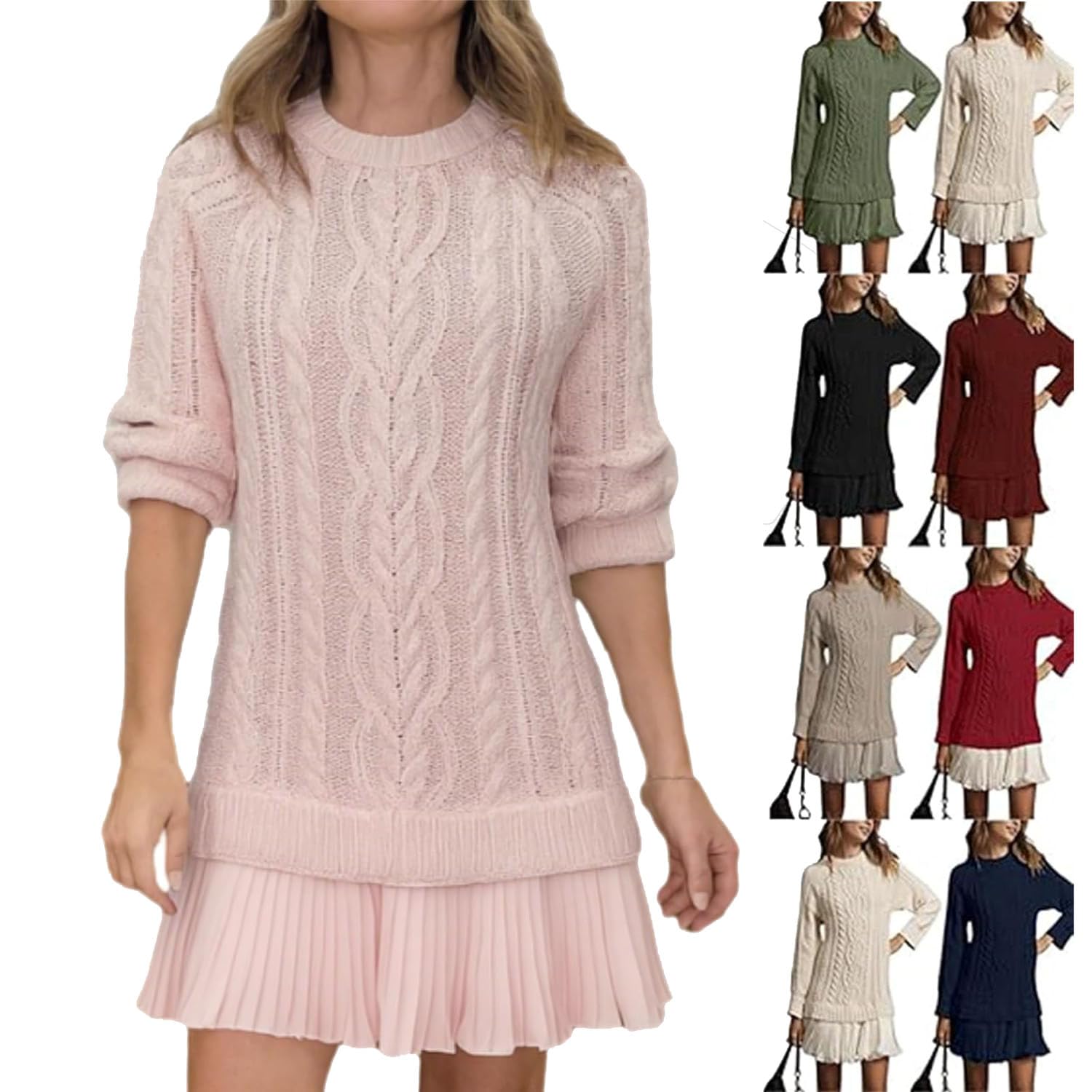 Mini Abito in Maglia a trecce con Scollo Rotondo da Donna, Abito in Maglia a trecce con Scollo Rotondo Casual e Maniche Lunghe, Completo Autunnale da Donna