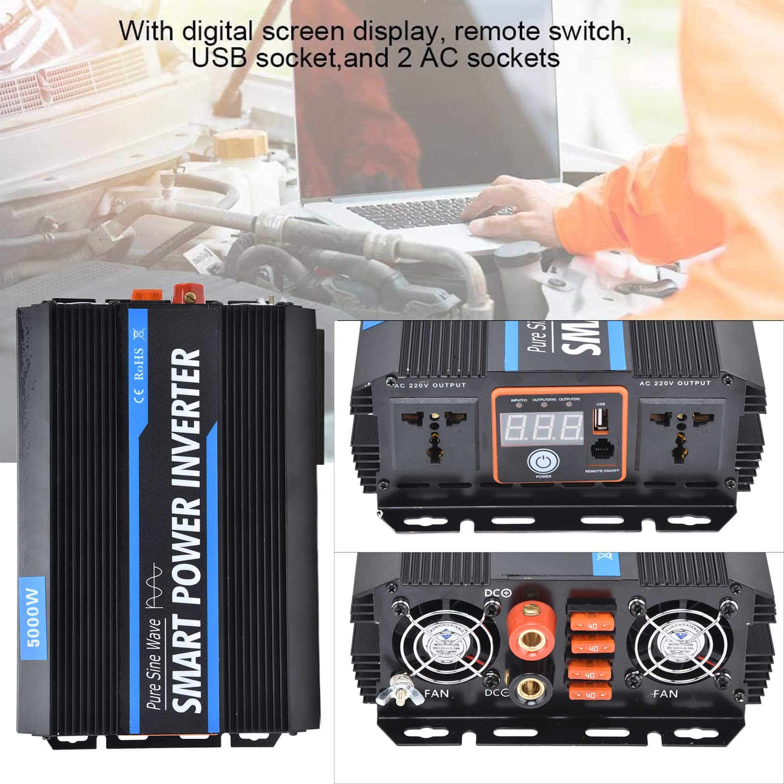 Ejoyous Przetwornica Mocy Przetwornica Czystej Fali Sinusoidalnej Stop Aluminium DC 12 V na AC 220 V 12000 W Szczytowy Wyświetlacz Cyfrowy Podwójne Gniazda AC Zdalny Przełącznik USB do Użytku W
