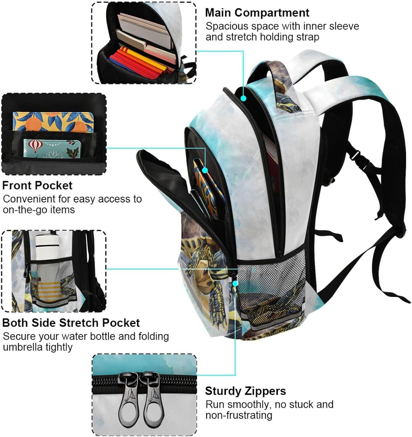 JIPONI Turtle Watercolor Student Backpack For Boys Girls School Backpack Laptop Ipad Travel Book Bag