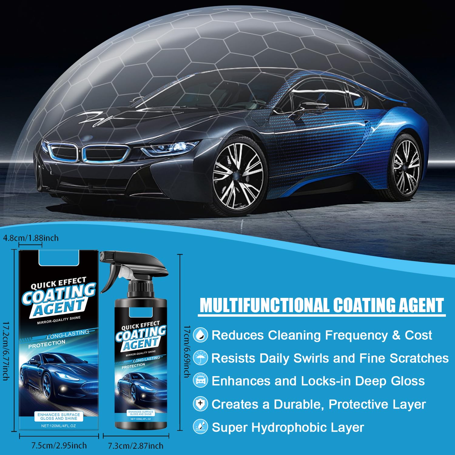 2PCS Car Coating Spray, Quick Effect Coating Agent, Advanced Car Quick-Acting Coating Agent for Most Colors & Finishes, Scratch Wax Coating Spray for Shine & Protection