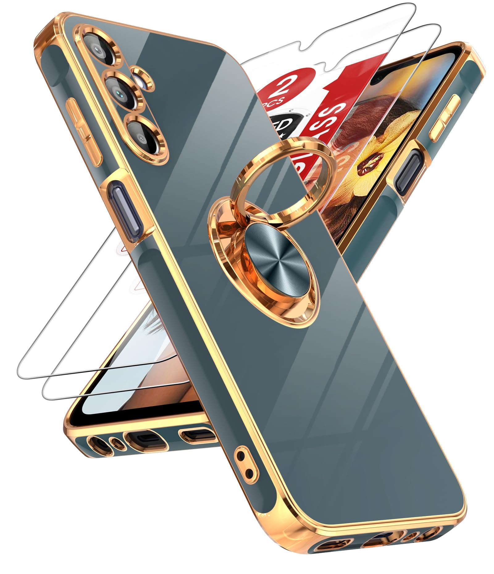 Sponsored Ad – for Samsung Galaxy A15 5G Phone Case,with [2 Pack] Tempered Glass Screen Protector 360° Rotatable Ring Holder Magnetic Kickstand, Plating Rose Gold Edge Samsung Galaxy A15 5G Case (Gray)