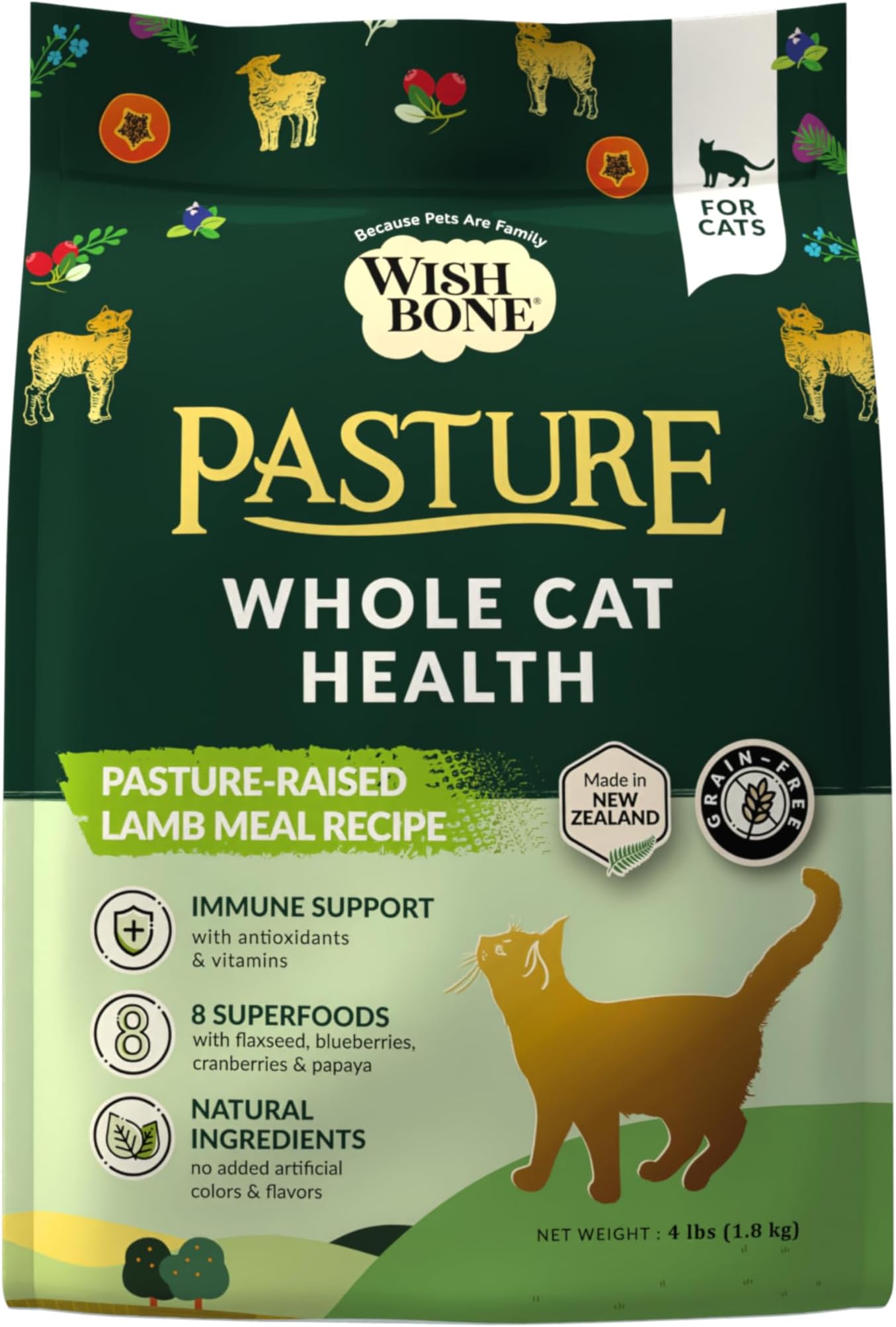 Wishbone Pasture New Zealand Lamb, Gluten Free, Grain Free Dry Cat Food, Premium Lamb Recipe Cat Food for Overall Pet Health - 4 lb