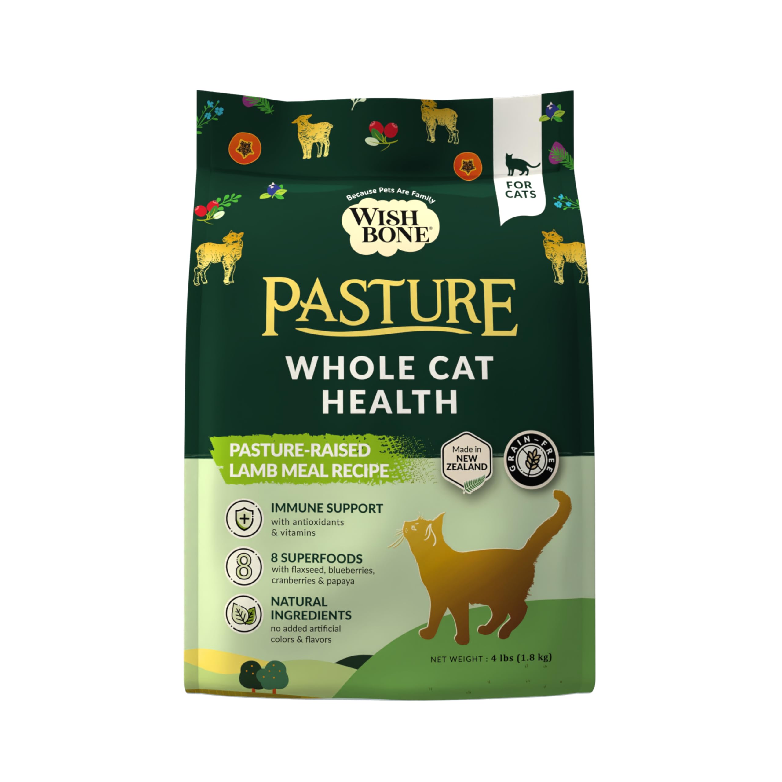 Wishbone Pasture New Zealand Lamb, Gluten Free, Grain Free Dry Cat Food, Premium Lamb Recipe Cat Food for Overall Pet Health - 4 lb