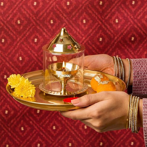 Borosil Akhand Diya Medium Brass Multicolor
