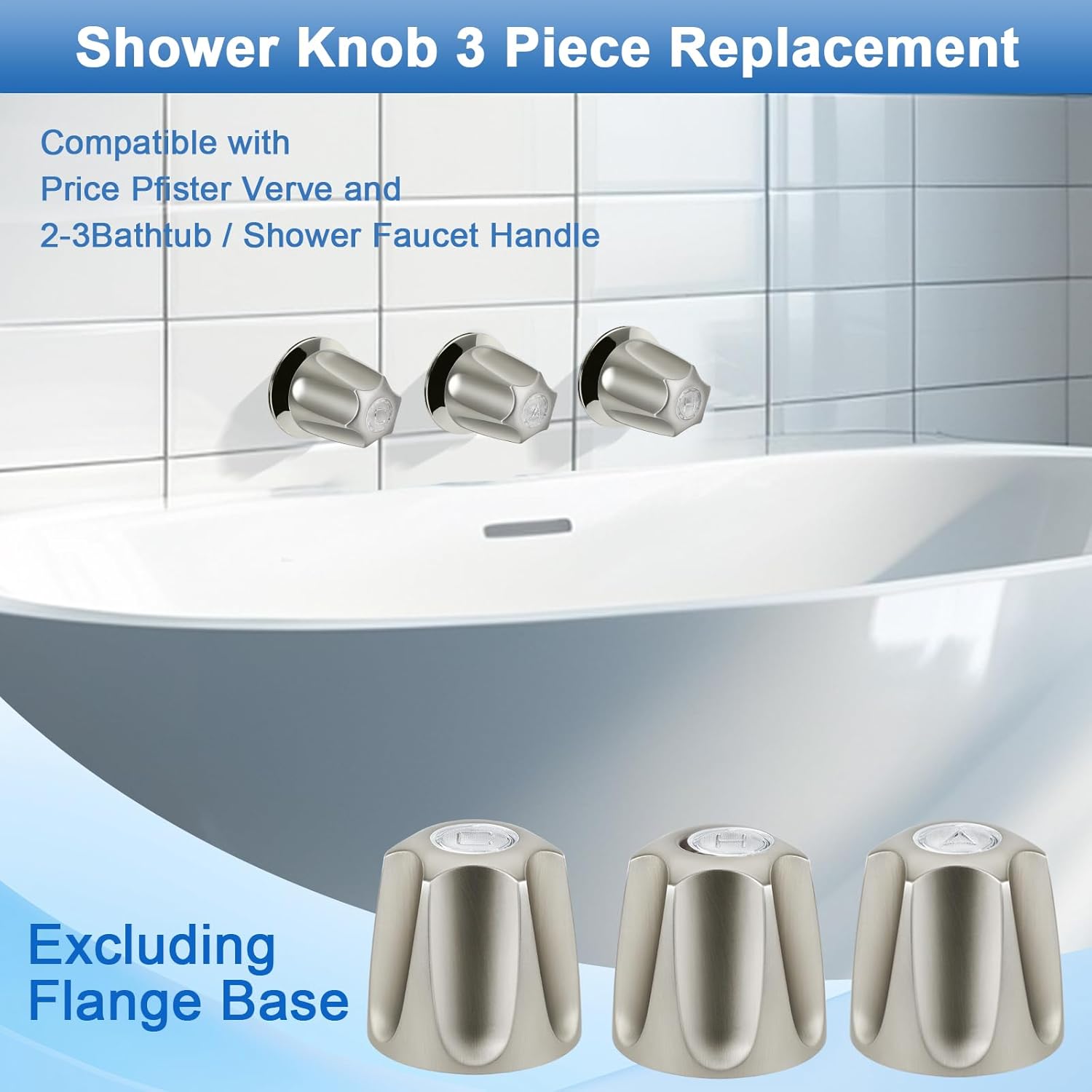 Metal Shower Knobs 3 Piece Replacement, Compatible with Price Pfister Verve and Bathtub Shower Faucet Handle, Shower Knobs Include Hot/Cold/Diverter and 3 Screws (Brushed Nickel)