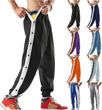 Mens Tear Away Athletic Pants Side High Split Basketball Pants Snap Button Striped Sweatpants Workout Jogger Pants Men