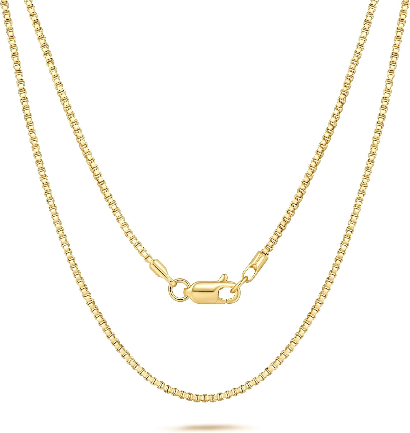 14K Gold Necklaces for Women 1.0/1.1/1.2/1.3mm Gold Chain for Women Gold Box Chain Necklace for Womens Classic Structure with Polished Look Thin Box Chains Necklace for Womens 14-26in